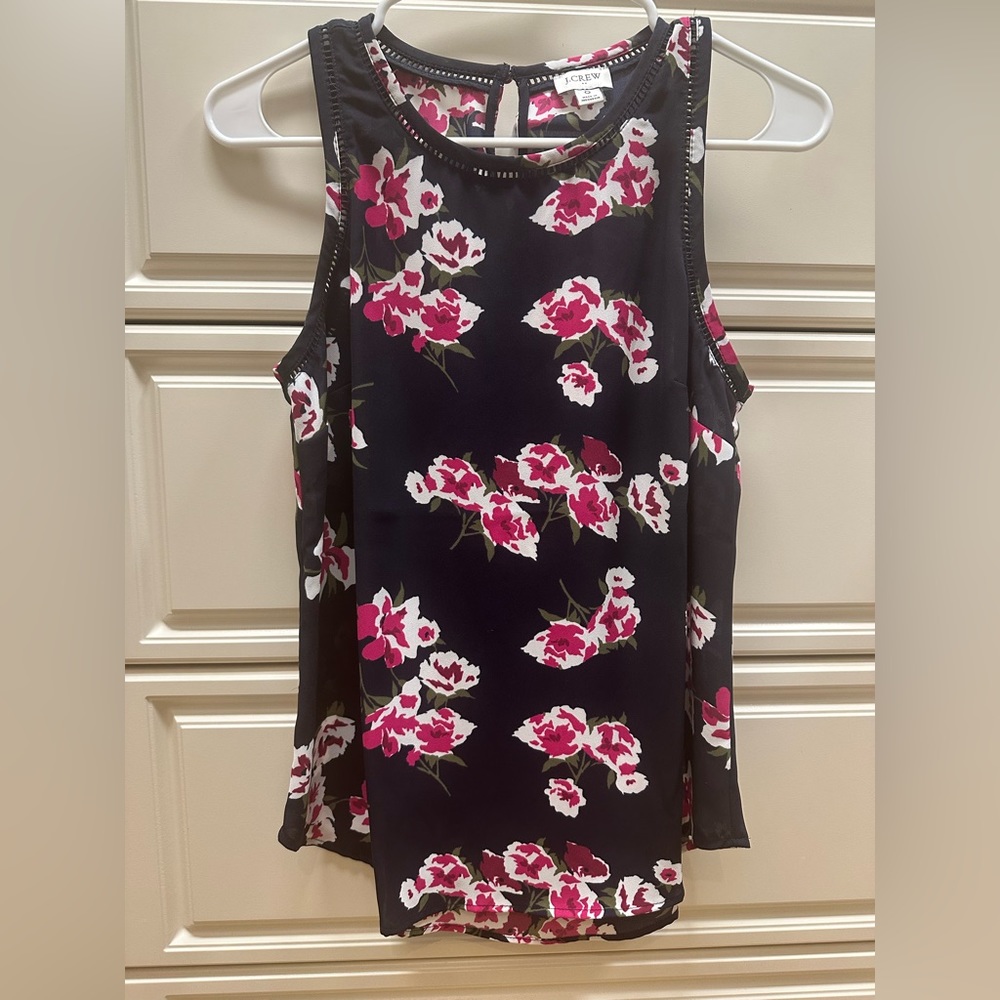 J. Crew Navy and Fuchsia Pink Floral Silky Top, Size 0